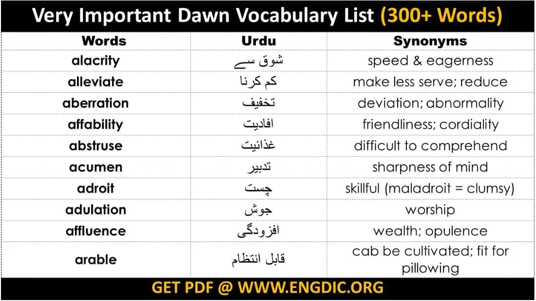 dawn vocabulary pdf