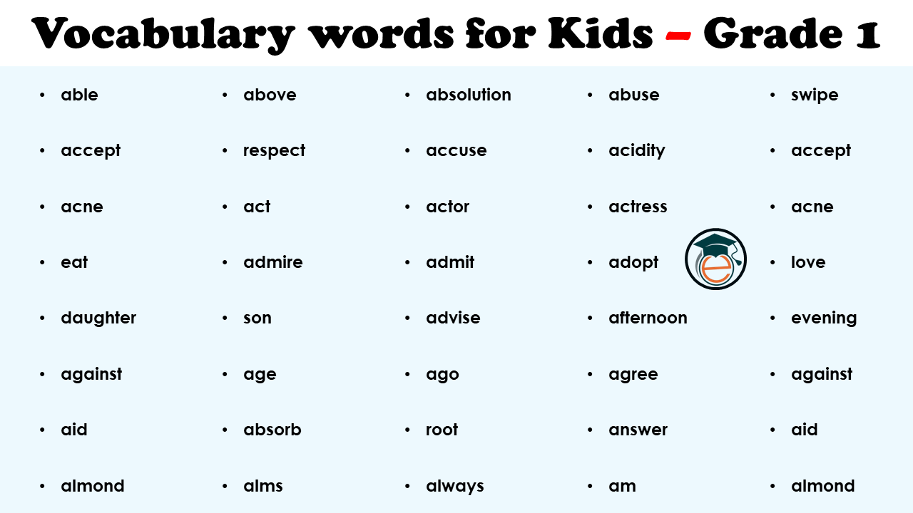 Vocabulary words for kids of Grade 1