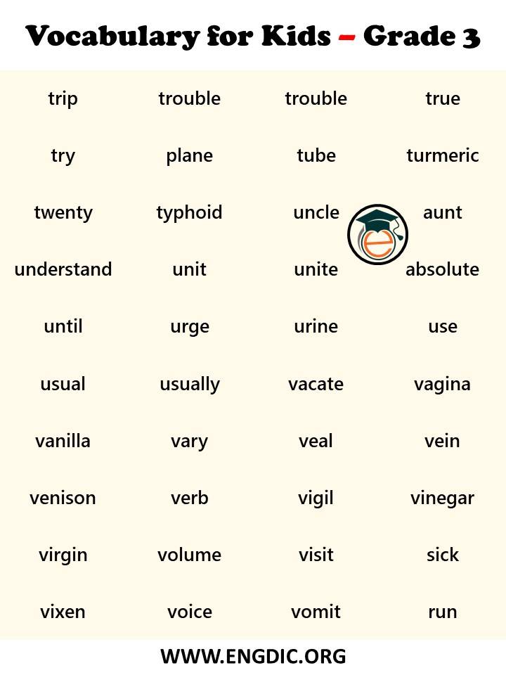 Vocabulary words for kids of grade 3