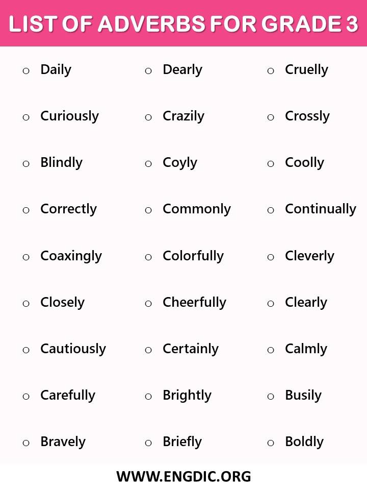 adverbs list for kids of grade 3