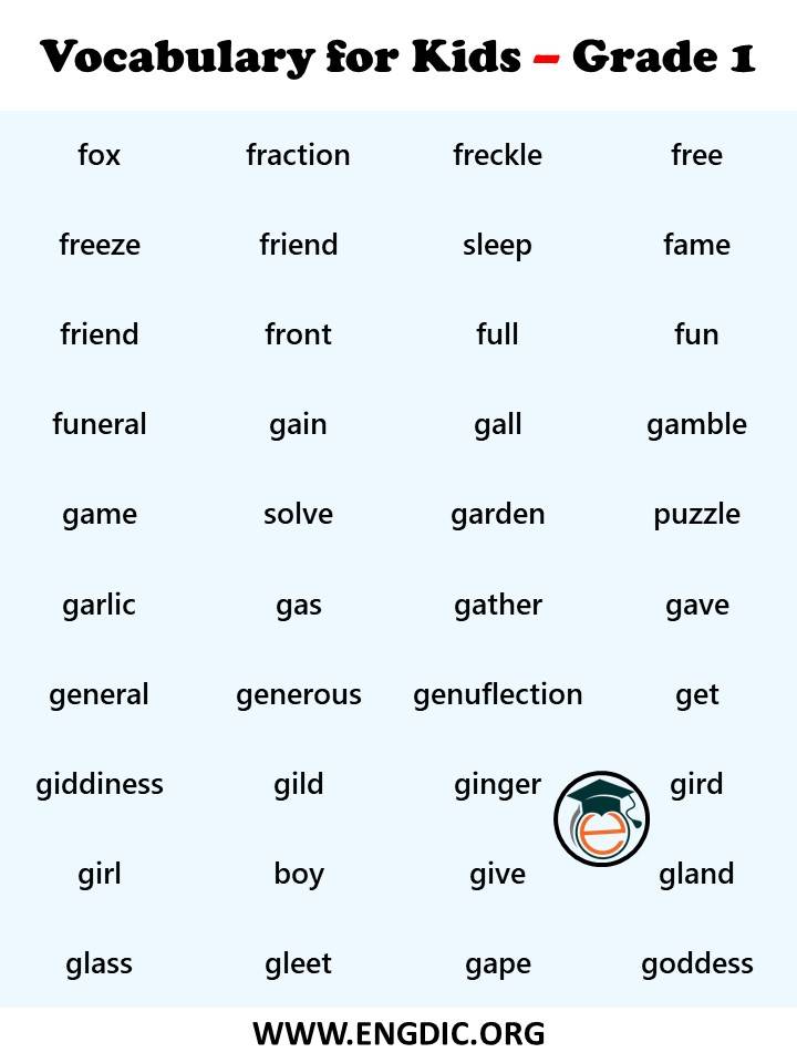 Vocabulary words for Grade 1