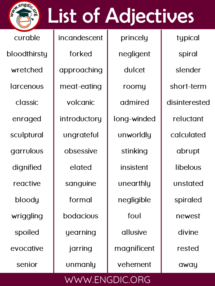 all adjectives list