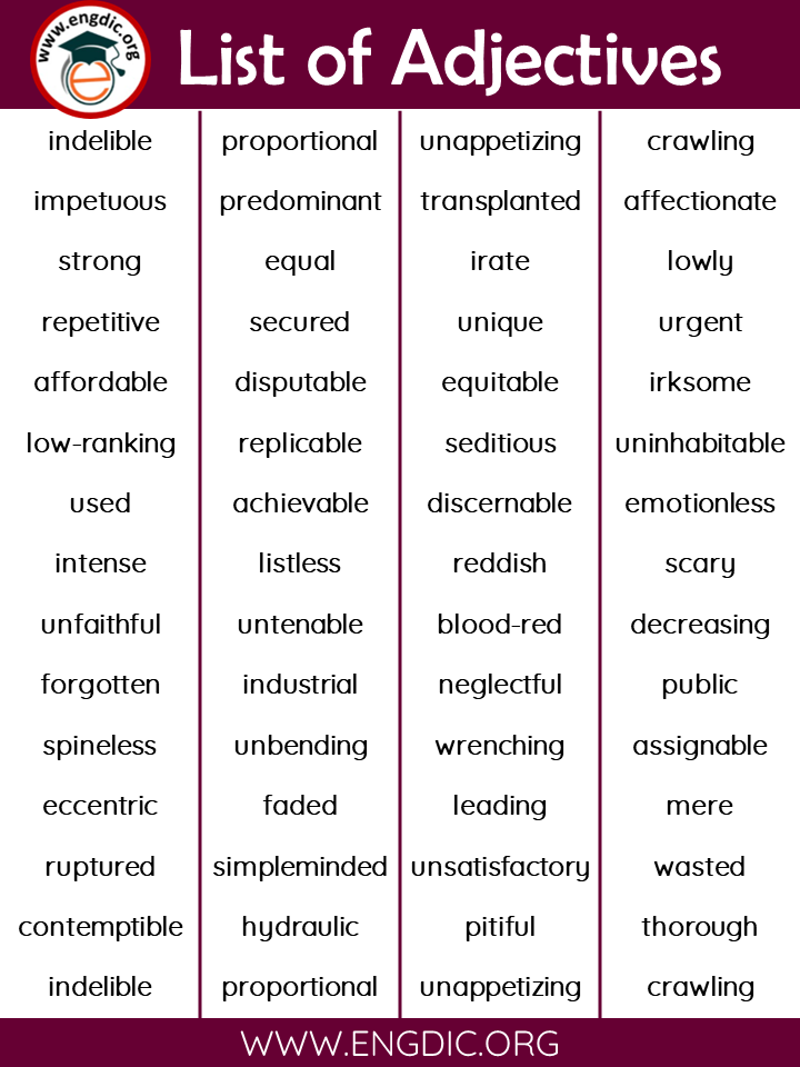 all adjectives list