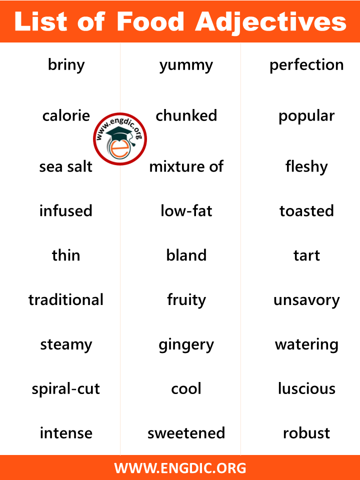 Food adjectives. Adjectives for food. Describing food adjectives. Modifying adjectives.