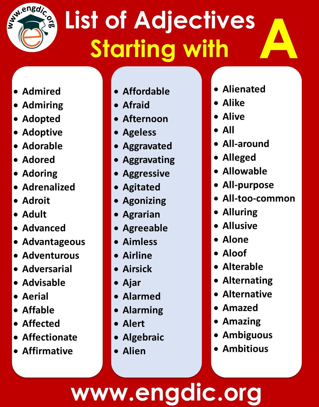 list of adjectives starting with a