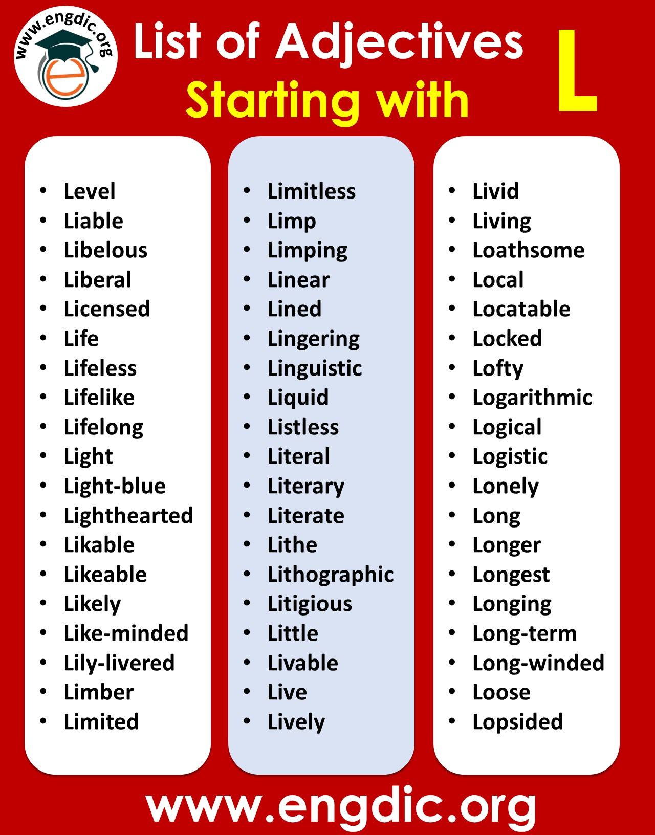 list of adjectives starting with l
