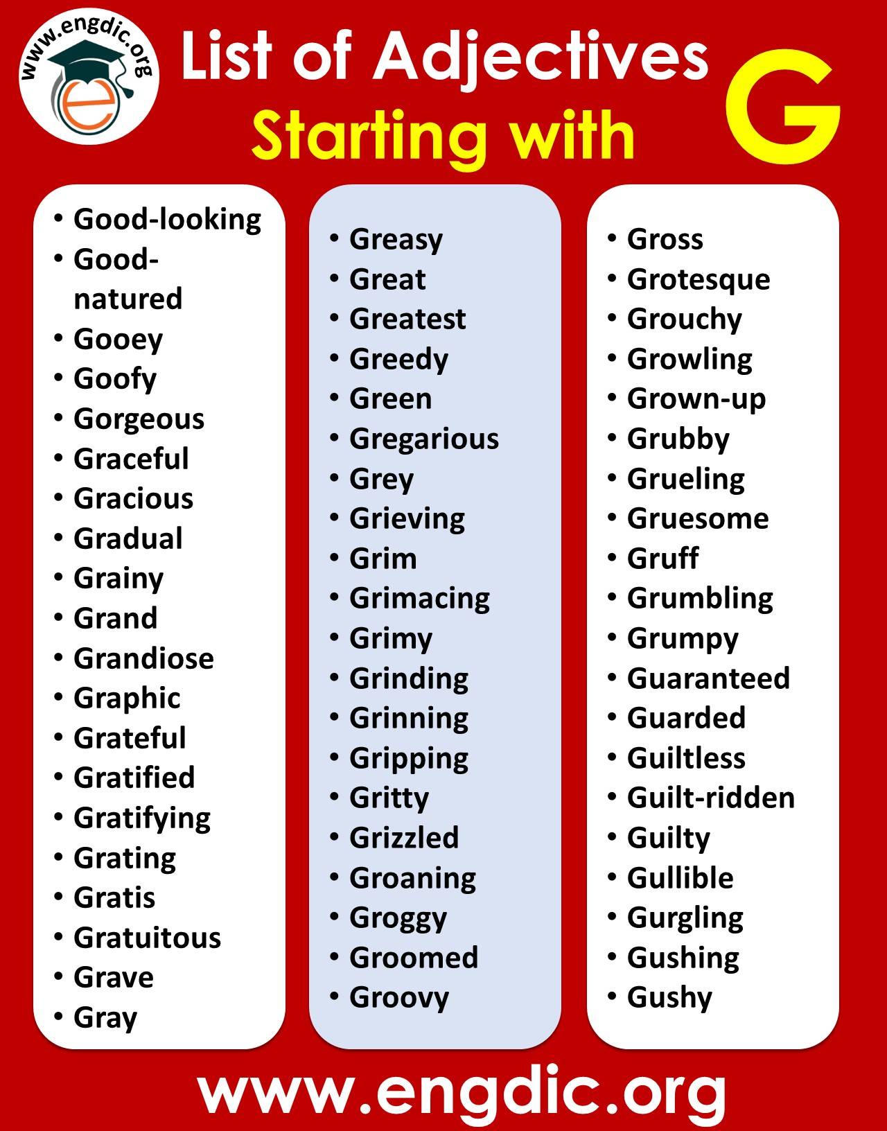 negative adjectives starting with g