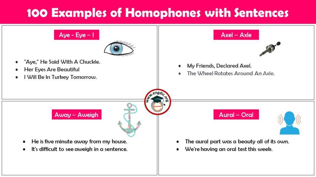 100 Homophones with Examples and Sentences - Infographics and PDF - Engdic