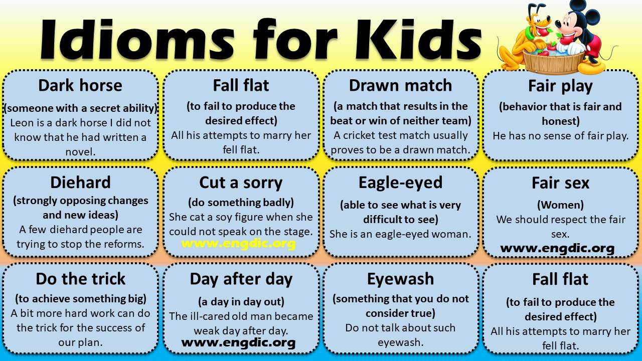 Idioms. Idioms list. Idioms for children. Popular English idioms.