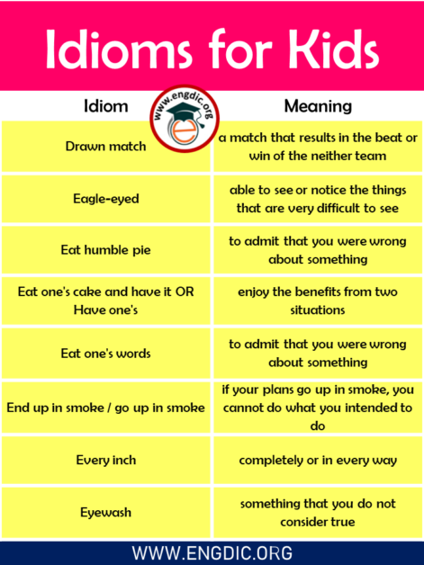 List of Idioms for Kids with Meaning and Examples PDF - EngDic