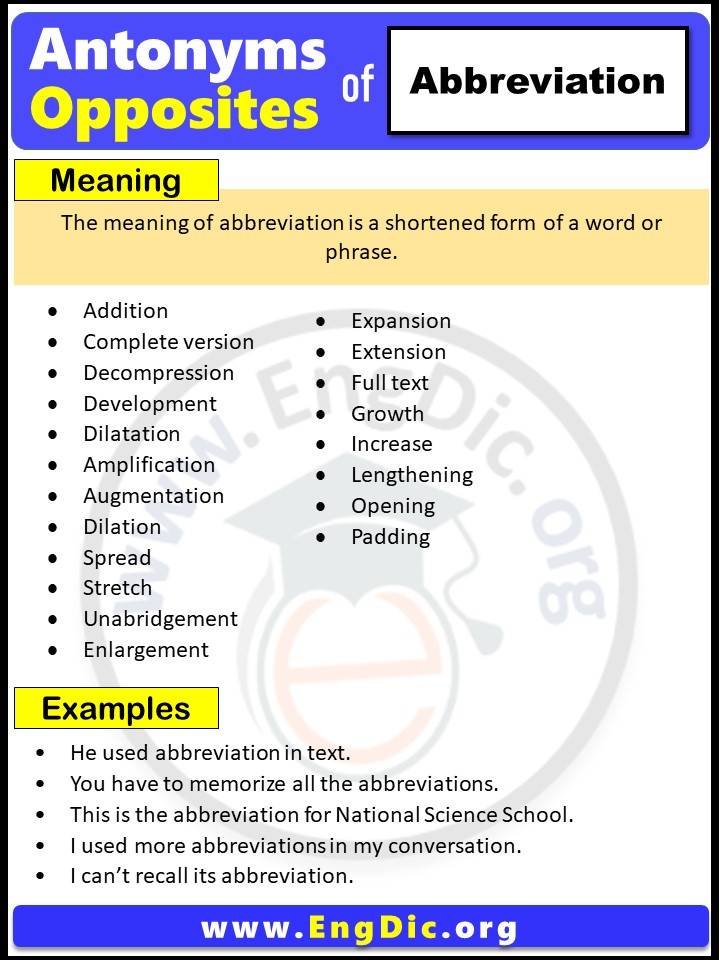 Opposite of Abbreviation, Antonyms of Abbreviation (Example Sentences)