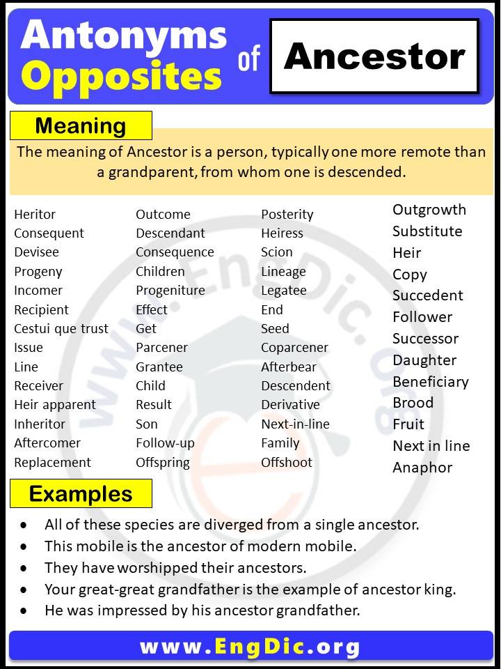 Opposite of Ancestor, Antonyms of Ancestor with meaning and Example Sentences in English PDF