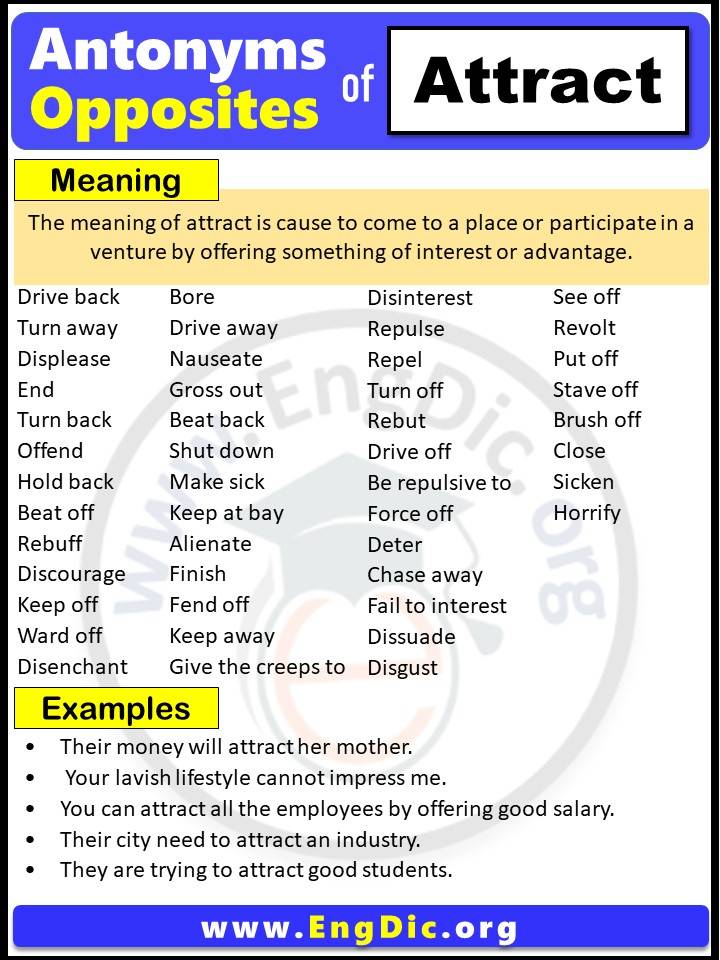 Opposite of Attract, Antonyms of attract with meaning and Example Sentences in English PDF