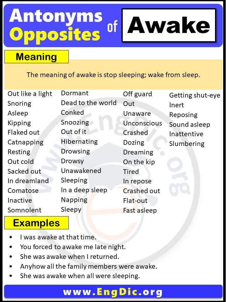 Opposite of Awake, Antonyms of awake with meaning and Example Sentences in English PDF