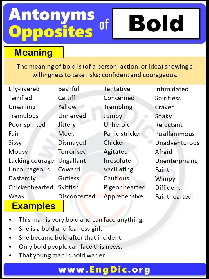 Opposite of Bold, Antonyms of bold with meaning and Example Sentences in English PDF