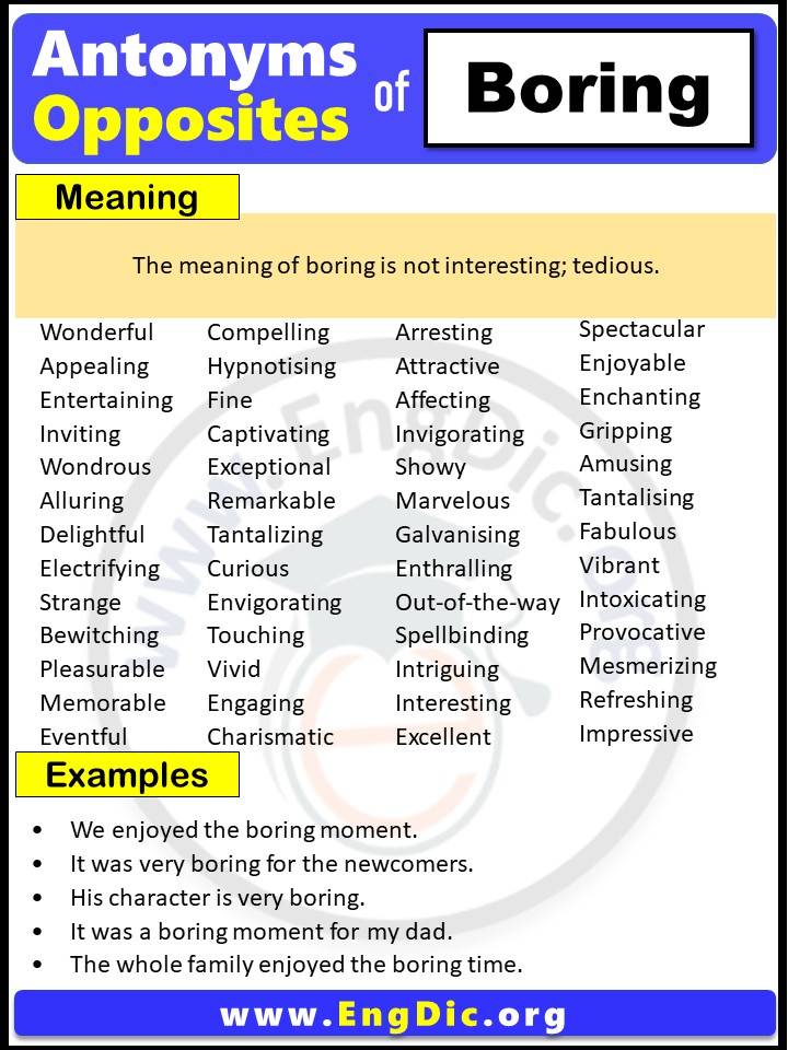 Opposite of Boring, Antonyms of boring with meaning and Example Sentences in English PDF