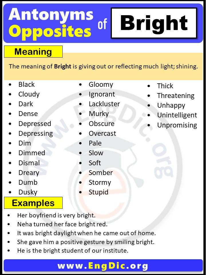 Opposite of Bright, Antonyms of Bright, Bright meaning and Example Sentences in English PDF