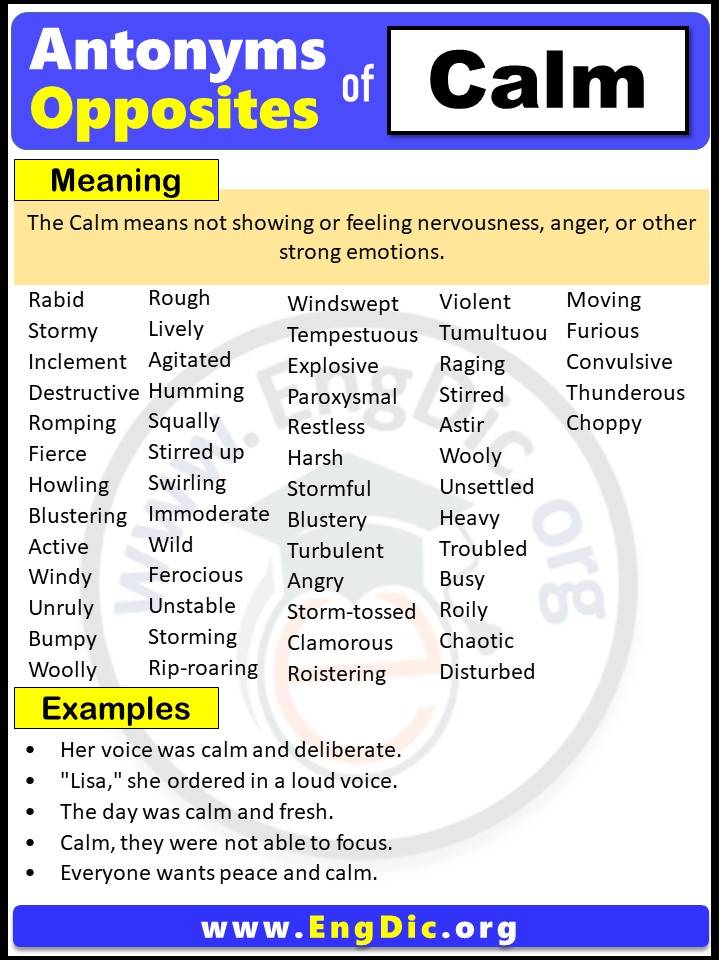 Opposite of Calm, Antonyms of Calm with meaning and Example Sentences in English PDF