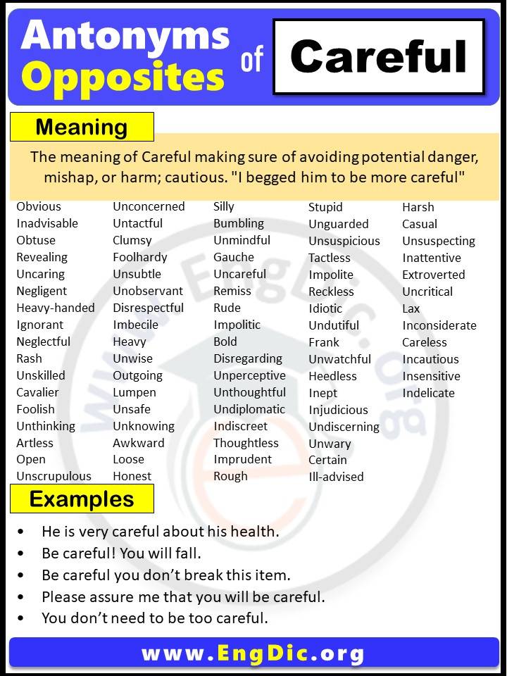 Opposite of Careful, Antonyms of Careful with meaning and Example Sentences in English PDF