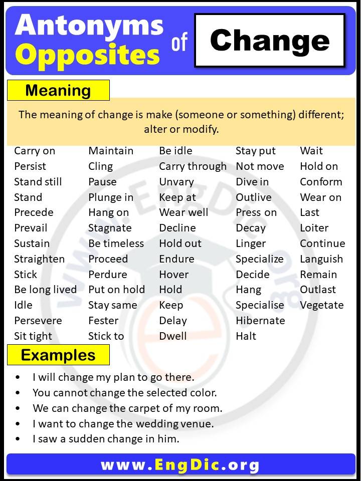 Opposite of Change, Antonyms of change with meaning and Example Sentences in English PDF