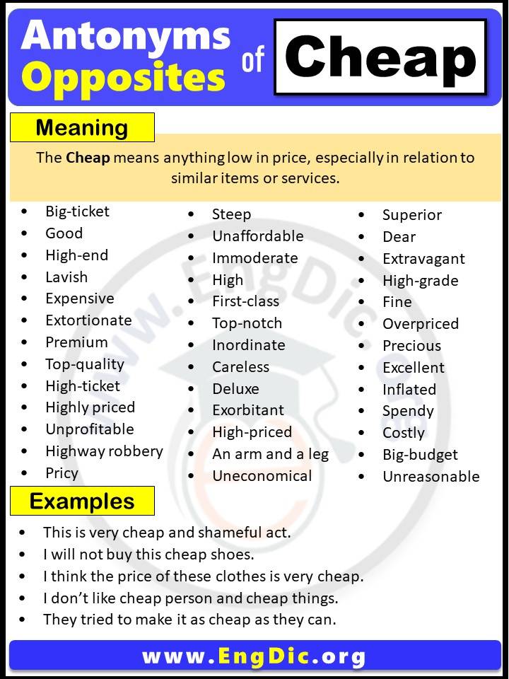 Opposite of Cheap, Antonyms of Cheap, Cheap meaning and Example Sentences in English PDF