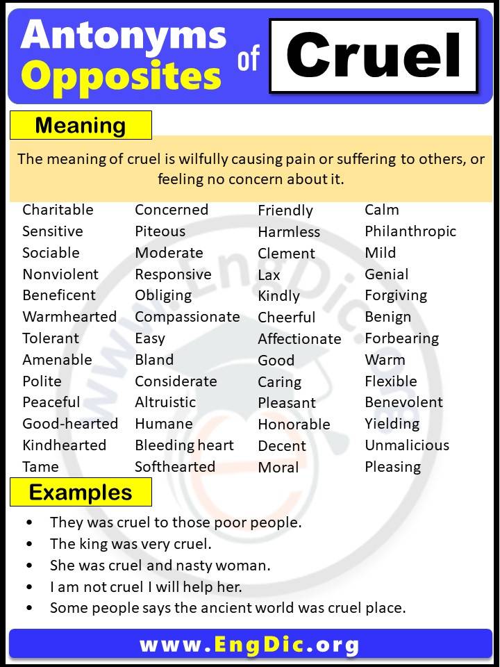 Opposite of Cruel, Antonyms of cruel with meaning and Example Sentences in English PDF