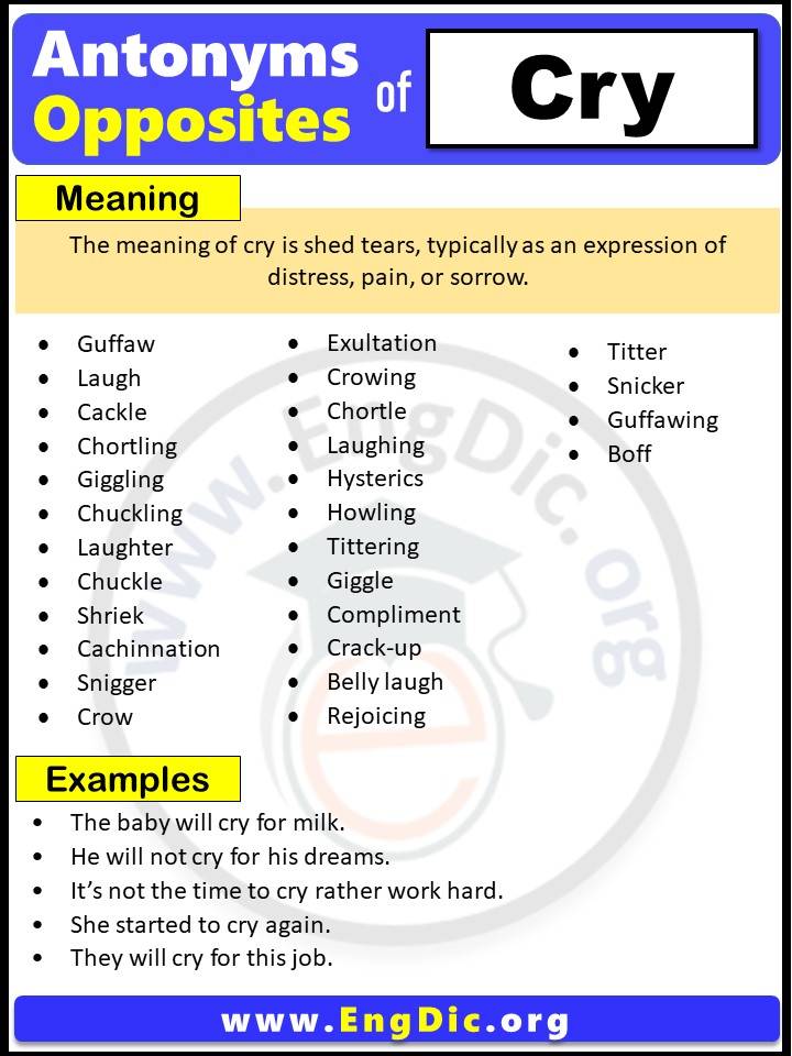 Opposite of Cry, Antonyms of cry with meaning and Example Sentences in English PDF