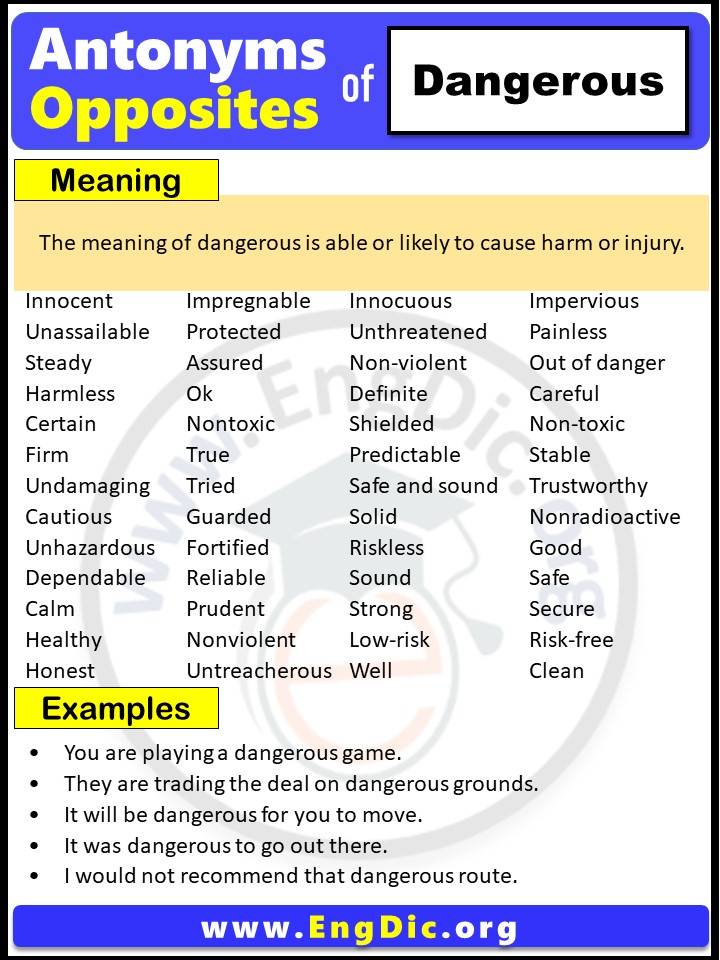 Opposite of Dangerous, Antonyms of dangerous with meaning and Example Sentences in English PDF