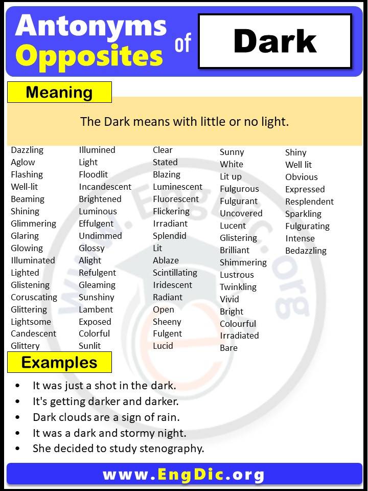 Opposite of Dark, Antonyms of Dark with meaning and Example Sentences in English PDF