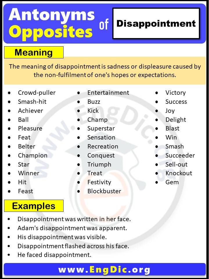 Opposite of Disappointment, Antonyms of disappointment with meaning and Example Sentences in English PDF