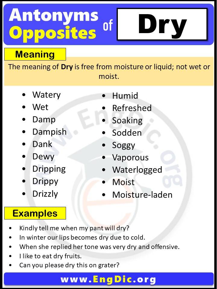 Opposite of Dry, Antonyms of Dry, Dry meaning and Example Sentences in English PDF