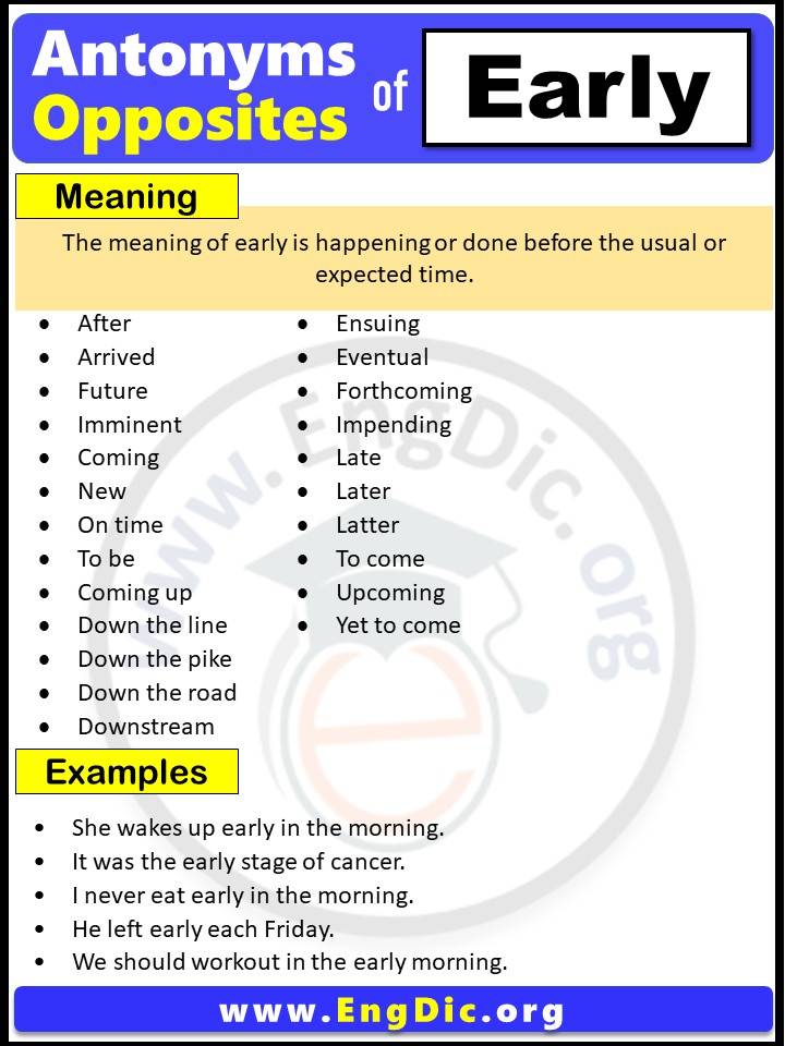 Opposite of Early, Antonyms of Early (Example Sentences)