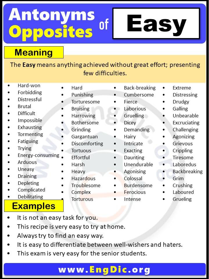 Opposite of Easy, Antonyms of Easy, Easy meaning and Example Sentences in English PDF