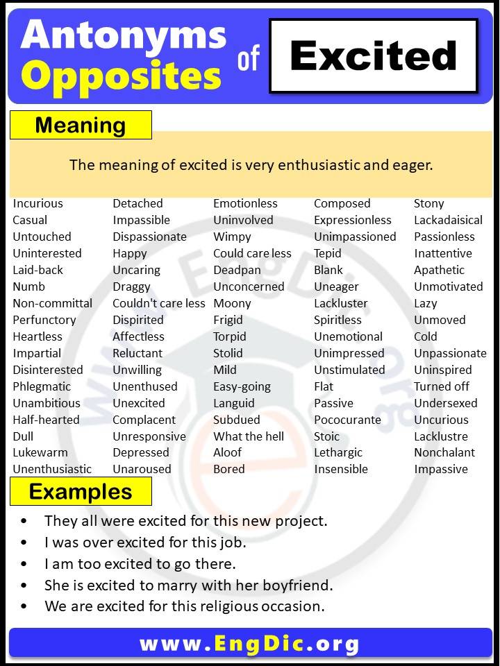 Opposite of Excited, Antonyms of excited with meaning and Example Sentences in English PDF