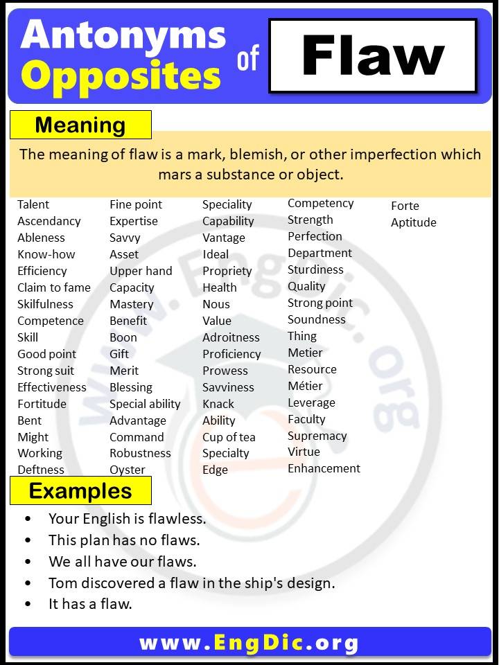 Opposite of Flaw, Antonyms of Flaw with Meaning and Example Sentences in English PDF