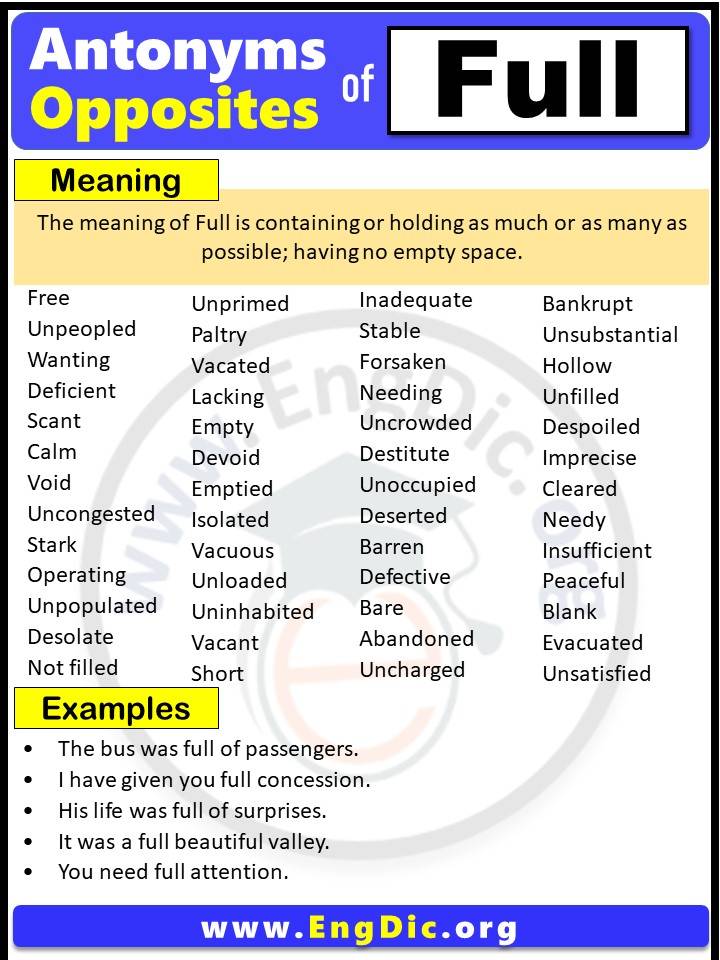 Opposite of Full, Antonyms of Full with meaning and Example Sentences in English PDF