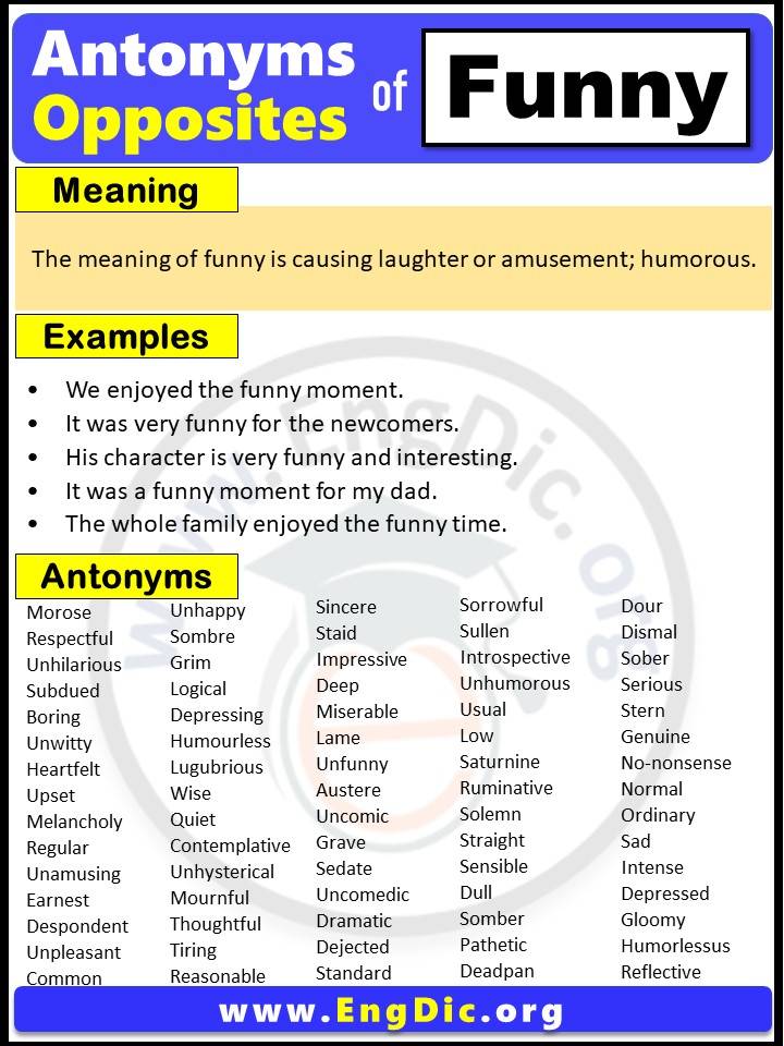 Opposite of Funny, Antonyms of funny with meaning and Example Sentences in English PDF