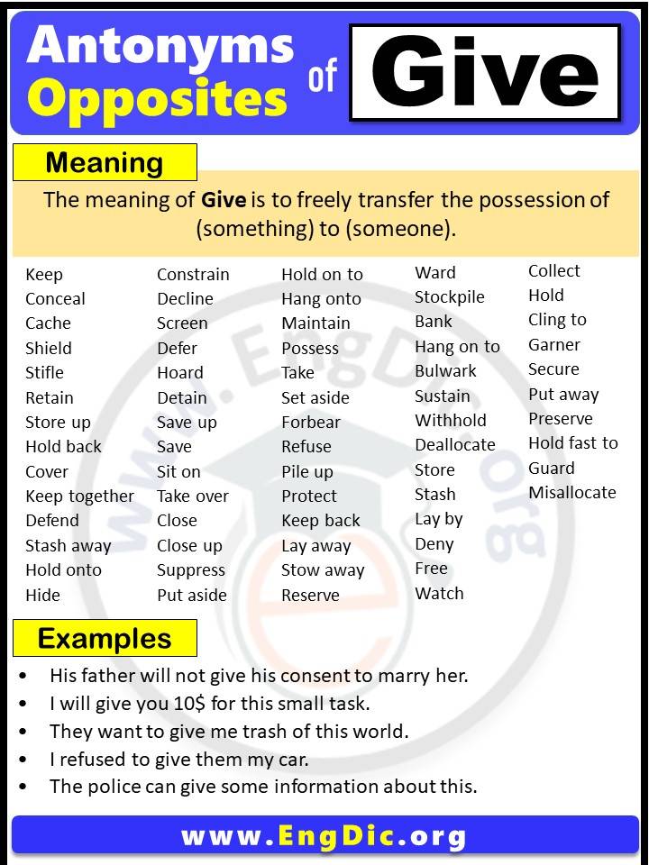 Ligegyldighed Løb Kriminel Opposite of Give, Antonyms of Give, Give meaning and Example Sentences in  English PDF - EngDic
