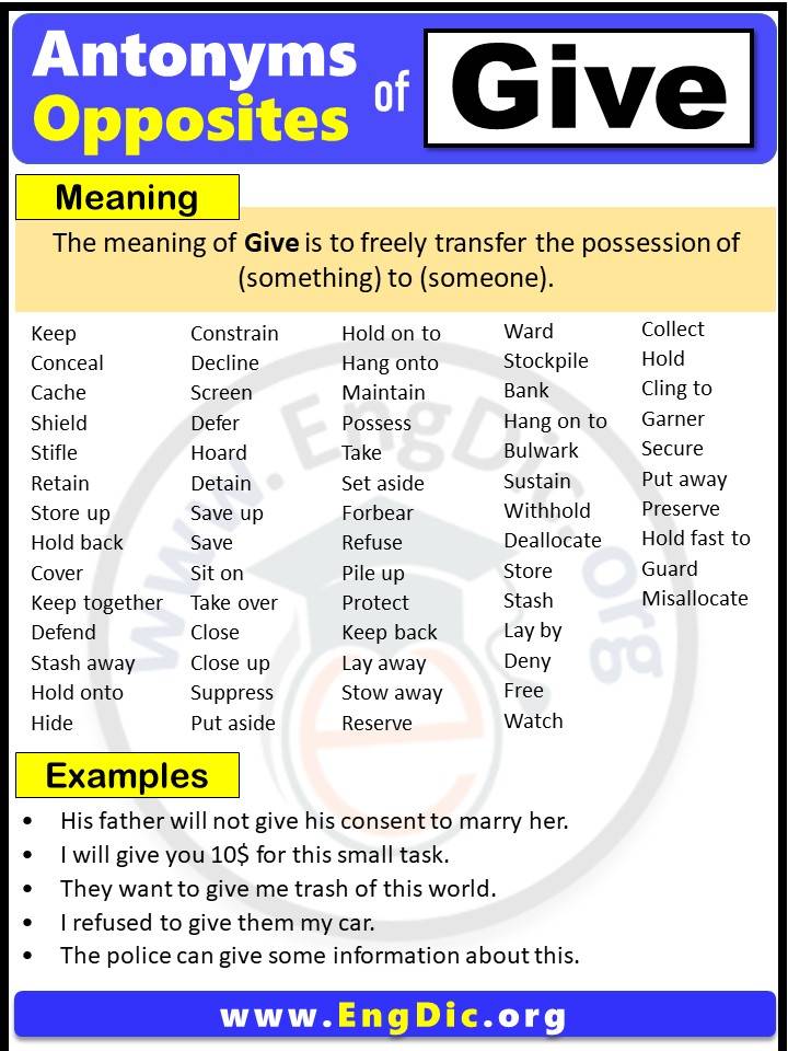 dygtige Allieret Børnepalads Opposite of Give, Antonyms of Give, Give meaning and Example Sentences in  English PDF - EngDic