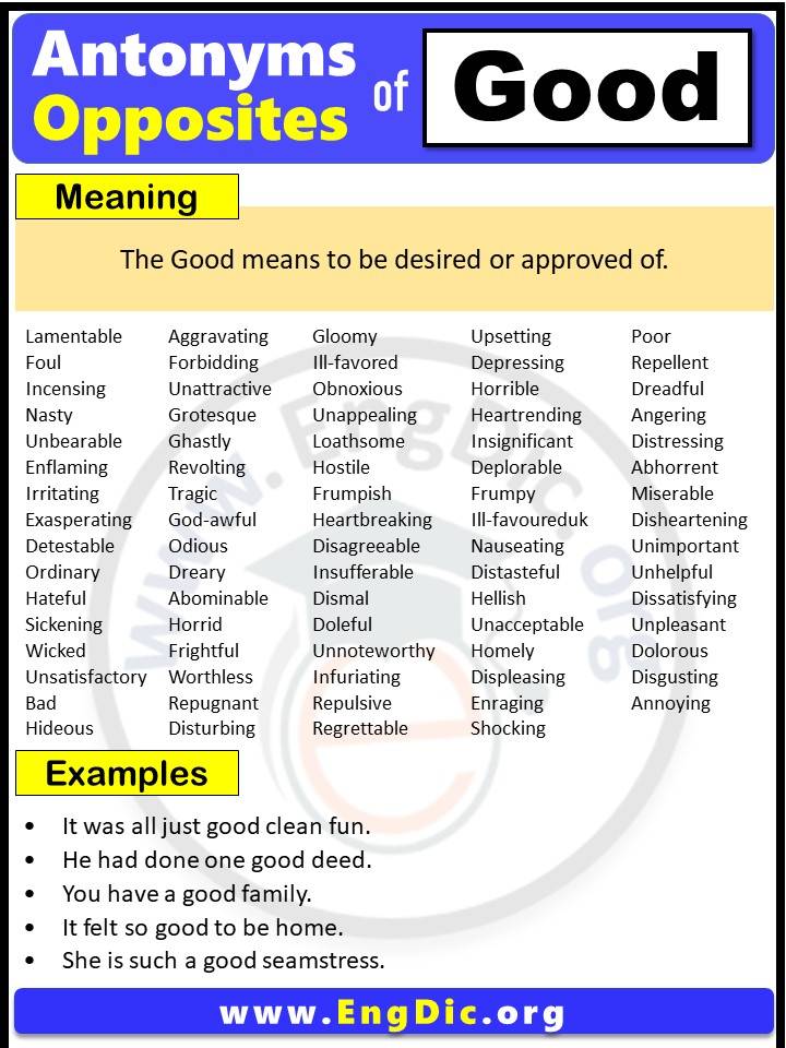 Opposite of Good, Antonyms of Good with meaning and Example Sentences in English PDF