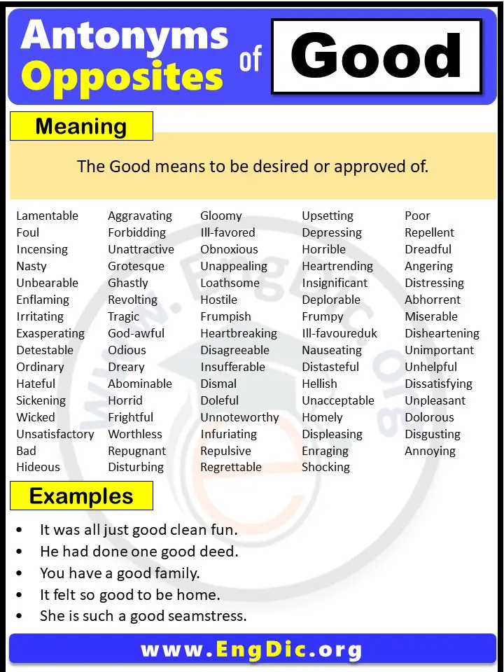 Opposite of Good, Antonyms of Good with meaning and Example Sentences in English PDF