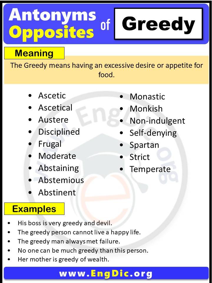 Opposite of Greedy, Antonyms of Greedy with meaning and Example Sentences in English PDF