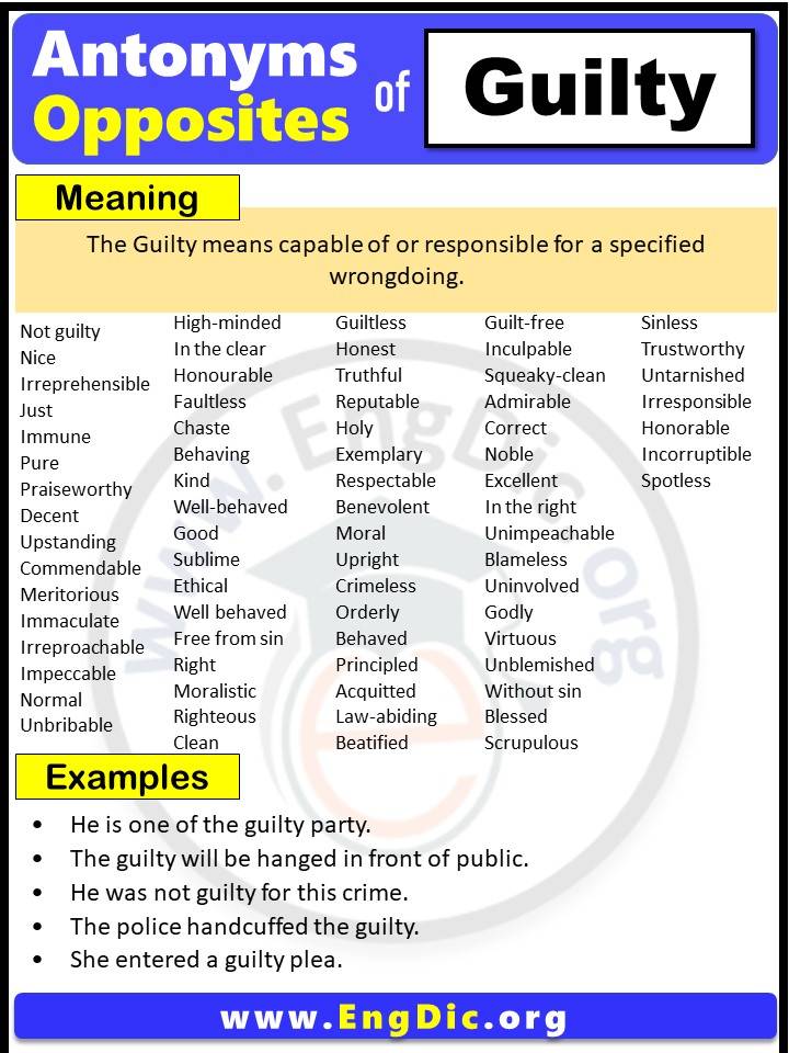 Opposite of Guilty, Antonyms of Guilty with meaning and Example Sentences in English PDF