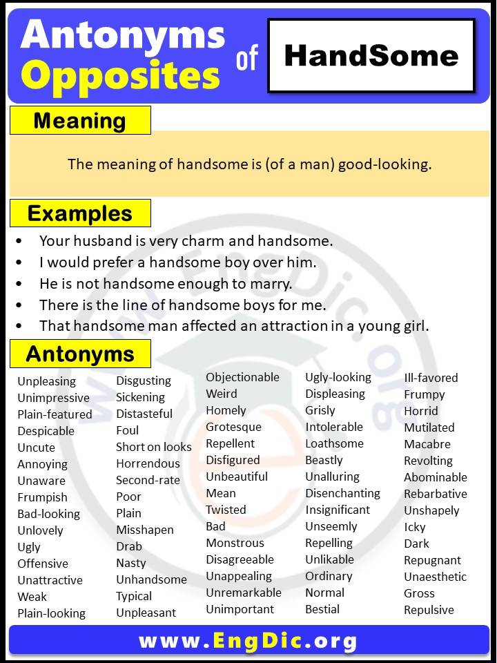 Opposite of Handsome, Antonyms of handsome with meaning and Example Sentences in English PDF