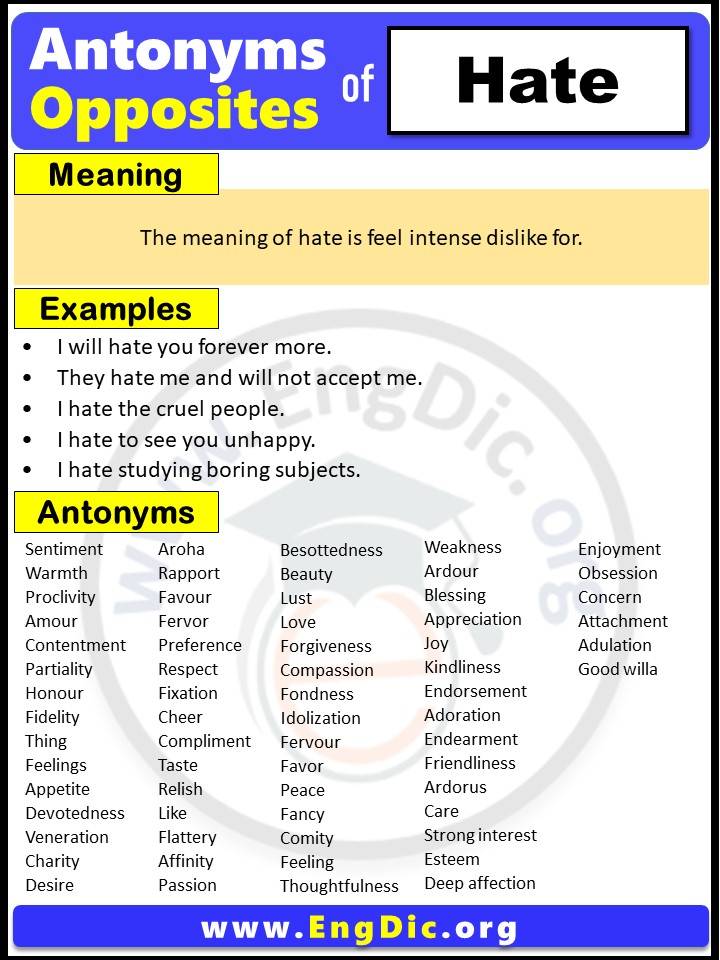 Opposite of Hate, Antonyms of hate with meaning and Example Sentences in English PDF