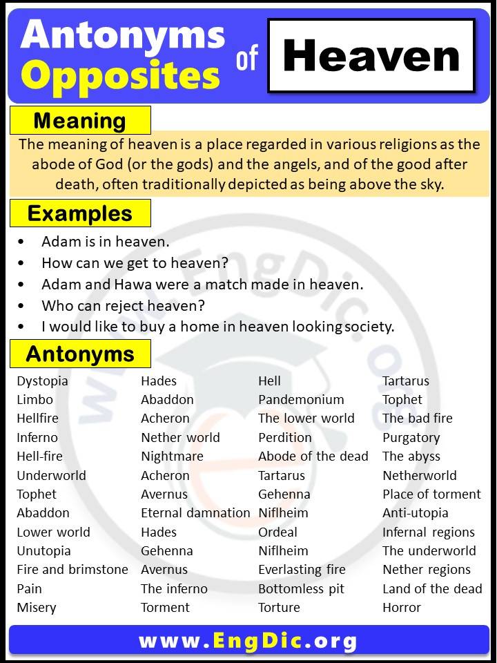 Opposite of Heaven, Antonyms of heaven with meaning and Example Sentences in English PDF