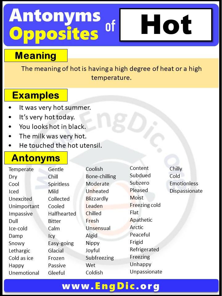 Opposite of Hot, Antonyms of hot with meaning and Example Sentences in English PDF