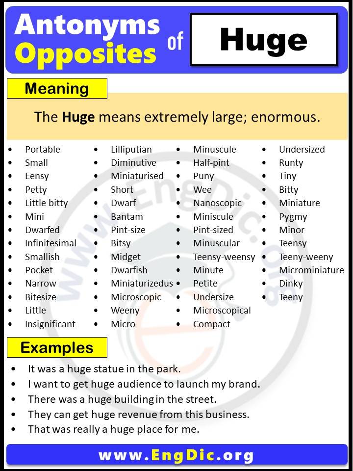 Opposite of Huge, Antonyms of Huge, Huge meaning and Example Sentences in English PDF