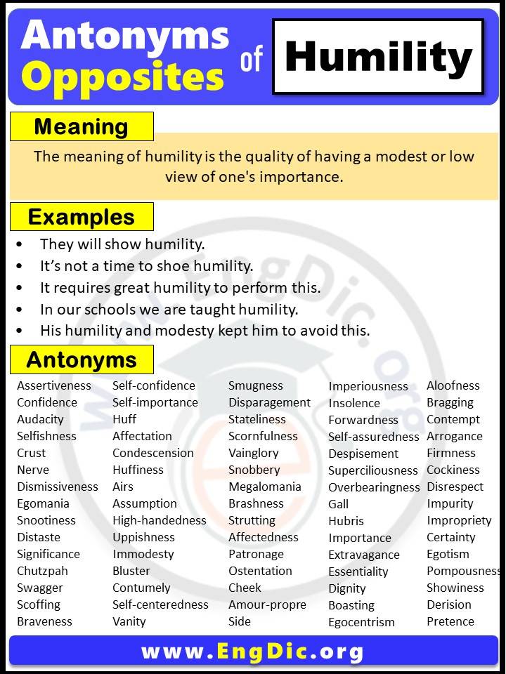 Opposite of Humility, Antonyms of humility with meaning and Example Sentences in English PDF