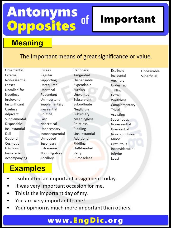 Opposite of Important, Antonyms of Important with meaning and Example Sentences in English PDF